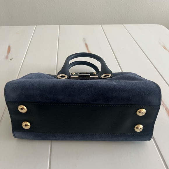 Jimmy Choo Navy Denim Tan Suede Mini Small Top Handle Bag Gold with Strap Loops - Picture 4 of 4